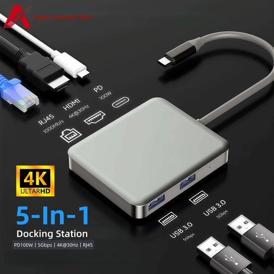 USB C Hub 5 In 1 Multiport Adapter 4K HDMI Type C PD 100W RJ45 1000Mbps USB 3.0 Splitter Docking Station for Laptop Computer PC