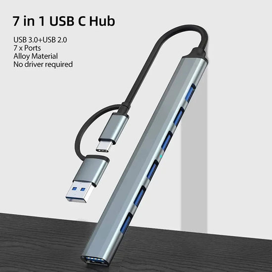 USB Hub 3.0 with 7 Ports Aluminum Alloy USB 2.0 Hub Type C Splitter Extender for Laptop PC MacBook Pro Surface Pro and Mor